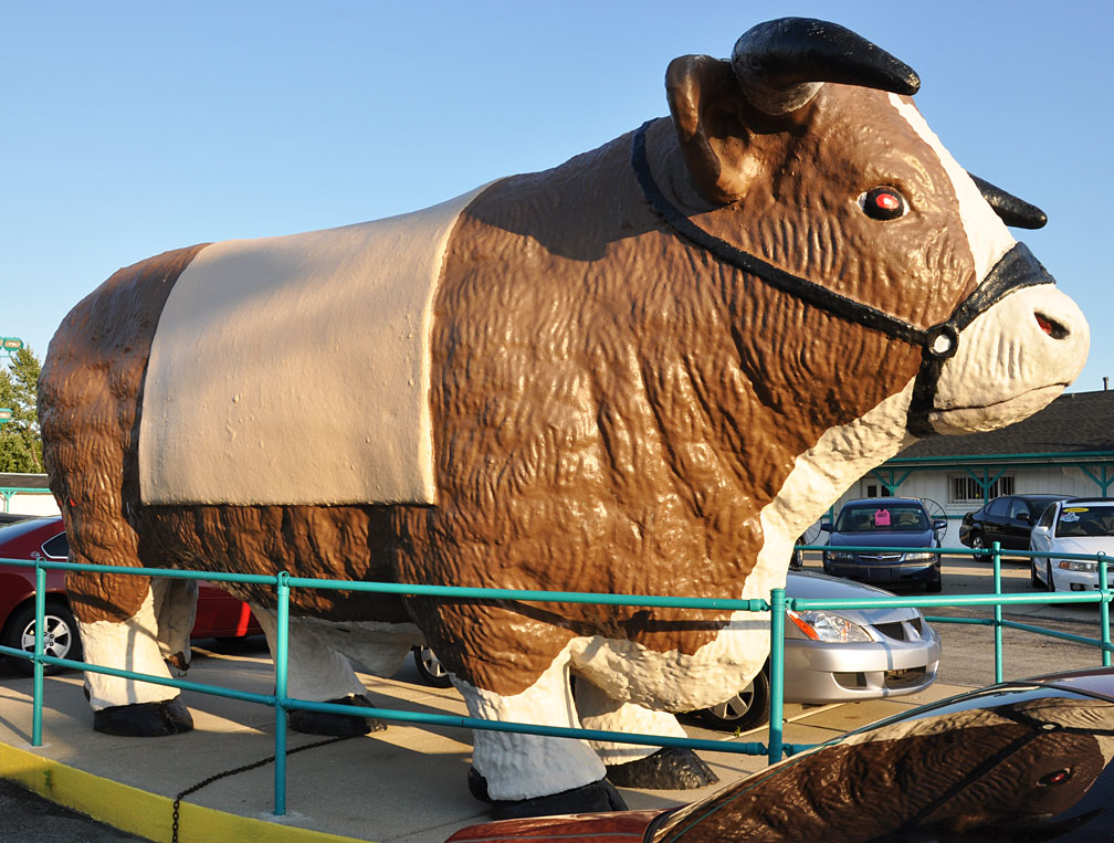 A giant bull sitting in front of a car dealership