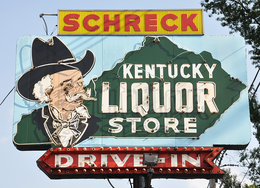 neon sign of different spellings of 'Louisville'.  Louisville kentucky,  Kentucky, My old kentucky home